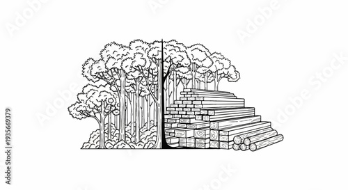 Forest stand transitioning into stacked timber, illustrating resource utilization