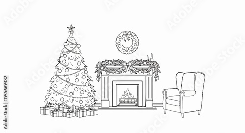 Cozy fireplace scene with a decorated Christmas tree and armchair