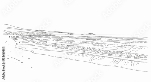 Ink sketch of a tranquil coastline with gentle waves meeting the shore