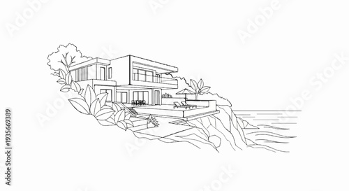 A modern villa with a pool, lounge chairs, and ocean view