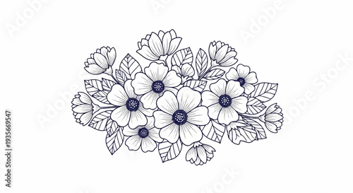 Delicate line art illustration of blooming wildflowers with detailed petals and foliage
