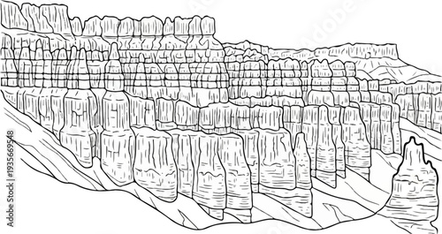 Drawing of eroded rock formations resembling hoodoos in a canyon