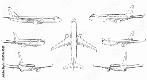 Diverse views of commercial passenger aircraft, line art
