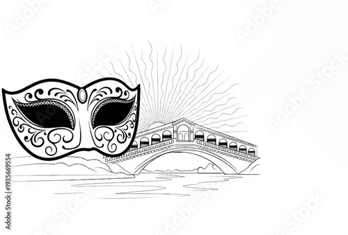 Ornate mask and Venetian bridge at sunrise
