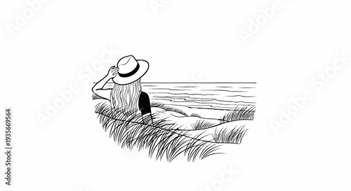 Person with hat by the sea, looking at waves, surrounded by dune grass