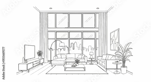 Elegant living room with large windows and city skyline view