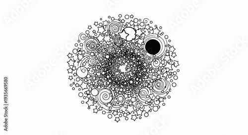Intricate mandala with stars, circles, and spirals in a radial pattern