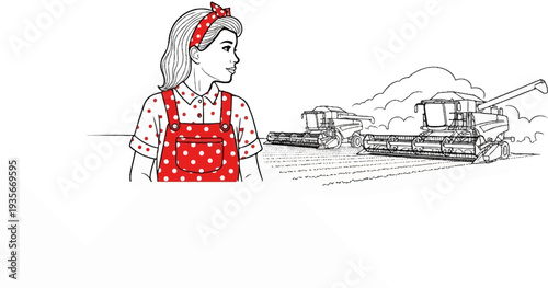Girl in red polka dots looks at combines in harvested field