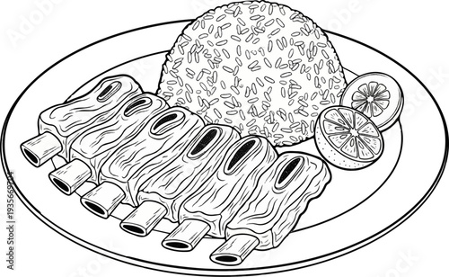 Ribs and rice with lemon slices on a plate