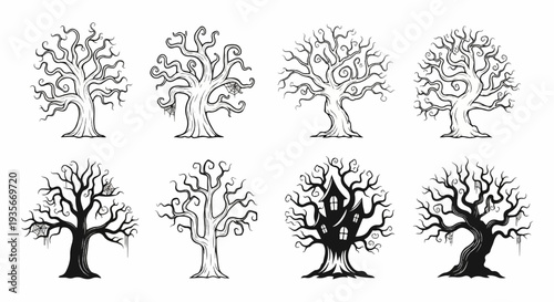 Eight spooky, bare, gnarled trees, some with cobwebs, one with a house