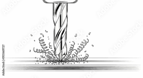 Drill bit carving through metal, creating spiral shavings
