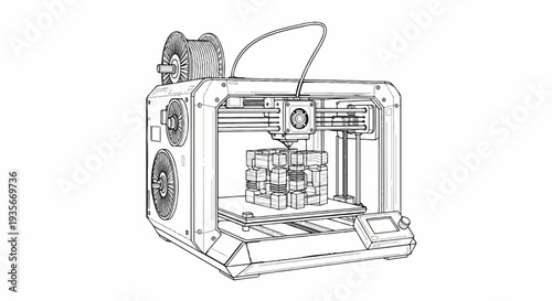 Line art illustration of a 3D printer with a spool of filament on top, creating a cube