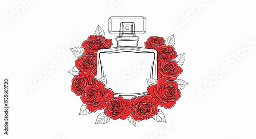 Elegant perfume bottle surrounded by a wreath of vibrant red roses