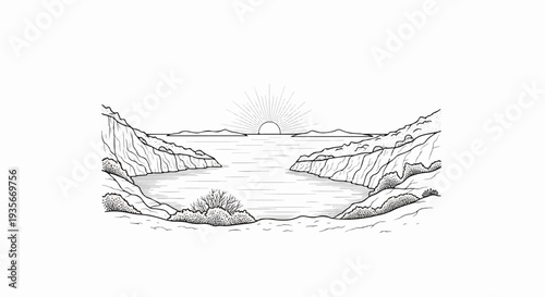 Stylized coastal inlet with radiating sun, water, and rugged shorelines