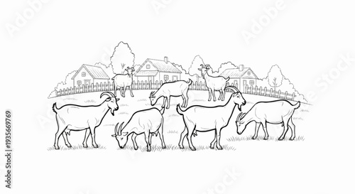 Farm scene with goats grazing near houses and trees