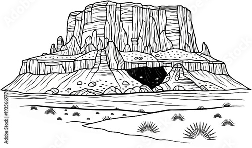 Stylized drawing of a vast desert canyon with a dark cave opening