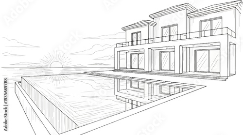 Modern villa with infinity pool overlooking the ocean at sunset