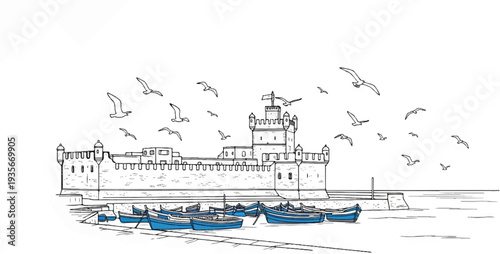 Illustration of a coastal fortress with boats and seagulls