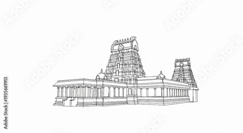 Ornate South Indian temple complex with tiered towers and colonnades, sketched