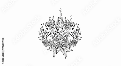 Three mermaids surrounded by seaweed and bubbles in a symmetrical design