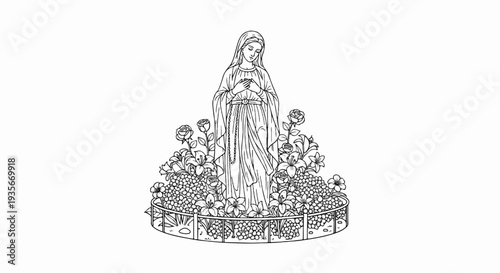 Line art of a robed figure with hands clasped, surrounded by flowers and foliage