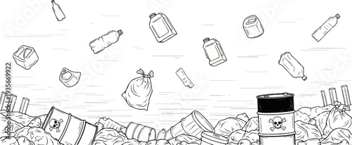 Trash pollutes the environment with barrels and plastic waste