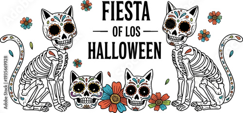 Sugar skull cats and flowers for a "Fiesta of Los Halloween" celebration