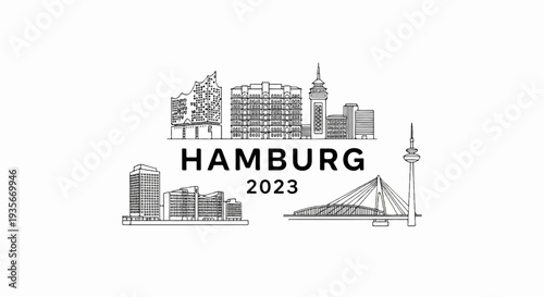 Stylized sketch of Hamburg landmarks and cityscape with text HAMBURG 2023