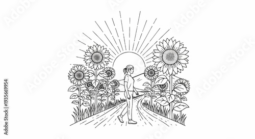 Person walking on a path through a field of sunflowers at sunrise