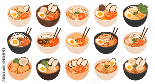 Set of Singapore Laksa Noodle Soup Illustrations, Traditional Spicy Curry Mee with Prawns and Boiled Egg Icons in Colorful Bowls