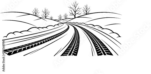 Winding snowy road with tire tracks and bare winter trees