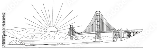 Stylized sketch of a large suspension bridge at sunrise with mountains