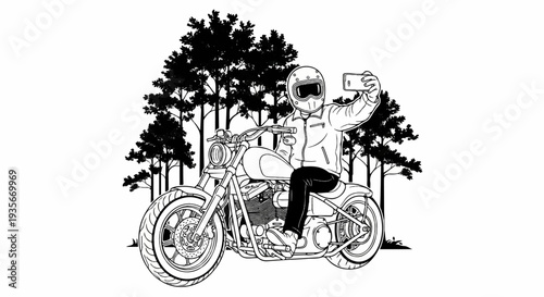 Rider with helmet and motorcycle taking a selfie with trees