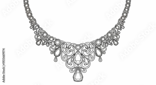 Ornate filigree necklace with prominent faceted gemstones and elegant drop pendants