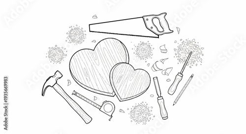 Two wooden heart shapes surrounded by woodworking tools and shavings