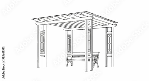 Ornate outdoor shelter with a bench and decorative panels