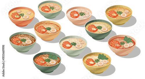 Set of Singaporean Prawn Mee Noodle Soup Bowls Illustration, Asian Food Vector