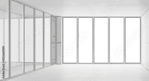 Minimalist room with large windows and concrete columns