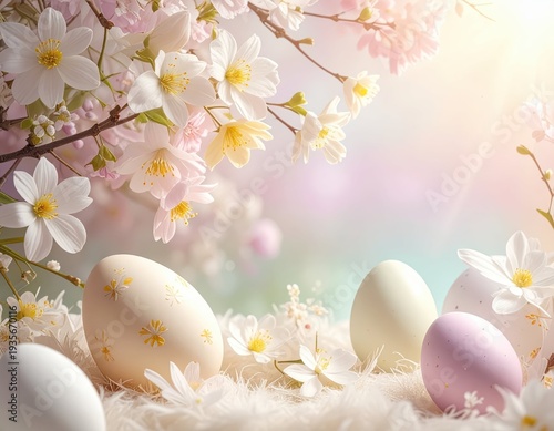 Colorful Easter Eggs Decorated with Flowers in Soft Natural Light