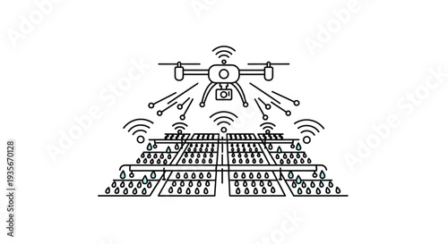 Isometric illustration of a smart farming drone with network connection over a farm field, showcasing modern agricultural technology and business innovation