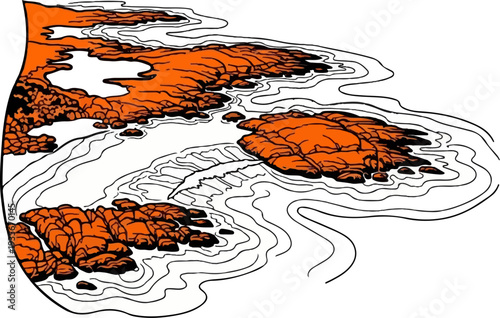 Stylized orange rocks jut out from flowing water in a minimalist graphic