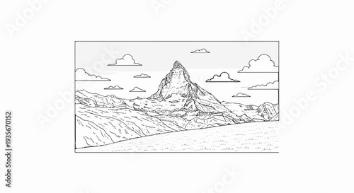 Stylized drawing of a majestic, snow-capped mountain peak under a cloudy sky