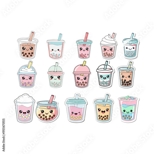 Kawaii Bubble Tea Sticker Set, Cute Cartoon Boba Characters with Happy Faces, Pastel Milk Tea Illustrations Isolated on White Background