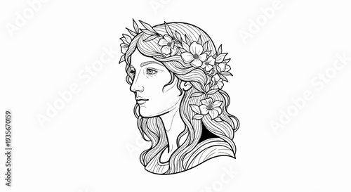 Stylized profile of a woman wearing a floral wreath and flowing hair