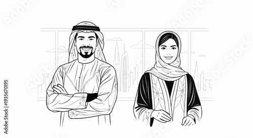 Two people in traditional Middle Eastern clothing stand with a city skyline behind them