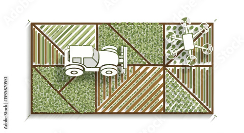 Modern agricultural illustration of smart farming technology with a drone and tractor in an urban green farm setting