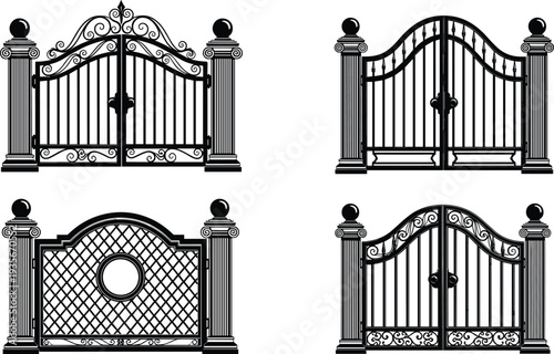 Ornate wrought iron gate silhouettes, decorative scrollwork patterns, classical column finials, vintage architectural entrances, elegant estate doorway designs, historical ornamental craftsmanship