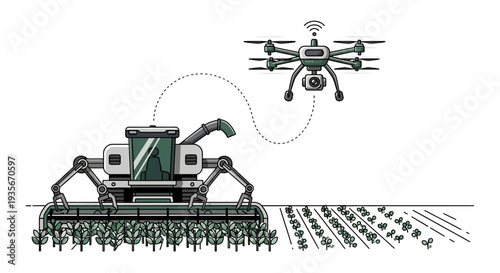 Modern agricultural illustration of a smart farming technology system with a drone and tractor in an urban green farm setting