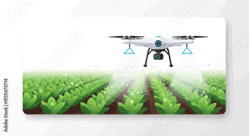 Modern agricultural drone flies over a lush green farm field with rows of plants, showcasing smart farming technology and agrotech innovation in a 3D isometric illustration
