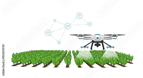 Modern agricultural illustration of a drone flying over a green farm with smart farming technology and network connections in an urban setting